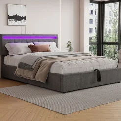 Lit 160x200 cm avec rangement hydraulique et éclairage LED multicolore, revêtement lin gris moderne