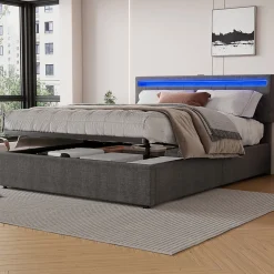 Lit 160x200 cm avec rangement hydraulique et éclairage LED multicolore, revêtement lin gris moderne