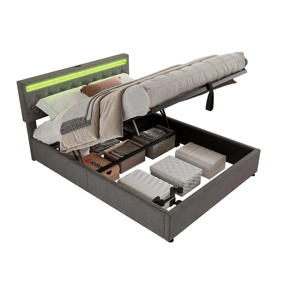 Lit 160x200 cm avec rangement hydraulique et éclairage LED multicolore, revêtement lin gris moderne