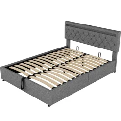 Lit 160x200 cm avec rangement hydraulique et éclairage LED multicolore, revêtement lin gris moderne