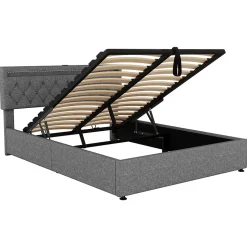 Lit 160x200 cm avec rangement hydraulique et éclairage LED multicolore, revêtement lin gris moderne