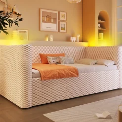 Lit 90x200 cm avec rangement hydraulique et éclairage LED multicolore, velours beige, style minimaliste