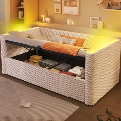 Lit 90x200 cm avec rangement hydraulique et éclairage LED multicolore, velours beige, style minimaliste