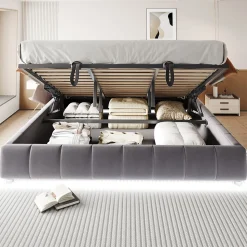 Lit 180x200 cm avec rangement hydraulique et bande LED blanche intégrée, tapissé flanelle gris, cadre métal robuste