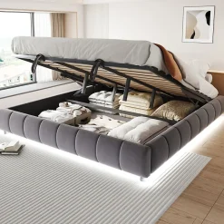 Lit 180x200 cm avec rangement hydraulique et bande LED blanche intégrée, tapissé flanelle gris, cadre métal robuste