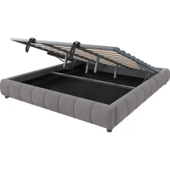 Lit 180x200 cm avec rangement hydraulique et bande LED blanche intégrée, tapissé flanelle gris, cadre métal robuste