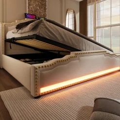 Lit 140x200 cm avec rangement hydraulique, éclairage LED multicolore et tête de lit tapissée en velours beige