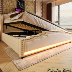 Lit 140x200 cm avec rangement hydraulique, éclairage LED multicolore et tête de lit tapissée en velours beige