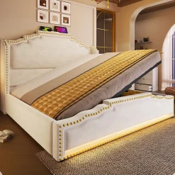 Lit 140x200 cm avec rangement hydraulique, éclairage LED multicolore et tête de lit tapissée en velours beige