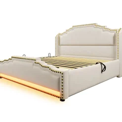 Lit 140x200 cm avec rangement hydraulique, éclairage LED multicolore et tête de lit tapissée en velours beige