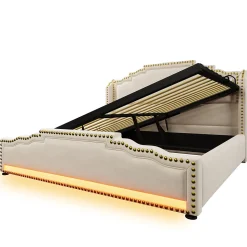 Lit 140x200 cm avec rangement hydraulique, éclairage LED multicolore et tête de lit tapissée en velours beige