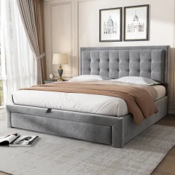 Lit 140x200 cm avec rangement hydraulique et tête de lit réglable, tapissé velours gris, pieds métal