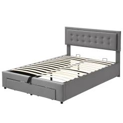 Lit 140x200 cm avec rangement hydraulique et tête de lit réglable, tapissé velours gris, pieds métal