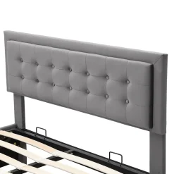 Lit 140x200 cm avec rangement hydraulique et tête de lit réglable, tapissé velours gris, pieds métal