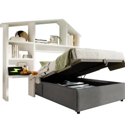 Lit 90x200 cm avec rangement hydraulique, tête de lit étagère en lin gris et ports USB-C, design contemporain