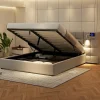 Lit 180x200 cm avec rangement hydraulique, tête rembourrée en lin gris, ports USB et charge sans fil