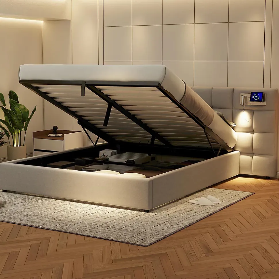 Lit 180x200 cm avec rangement hydraulique, tête rembourrée en lin gris, ports USB et charge sans fil
