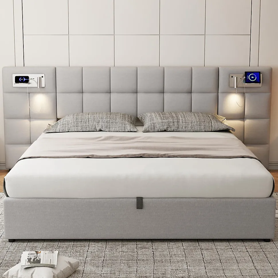 Lit 180x200 cm avec rangement hydraulique, tête rembourrée en lin gris, ports USB et charge sans fil