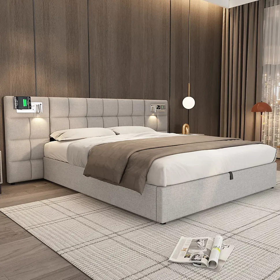 Lit 180x200 cm avec rangement hydraulique, tête rembourrée en lin gris, ports USB et charge sans fil