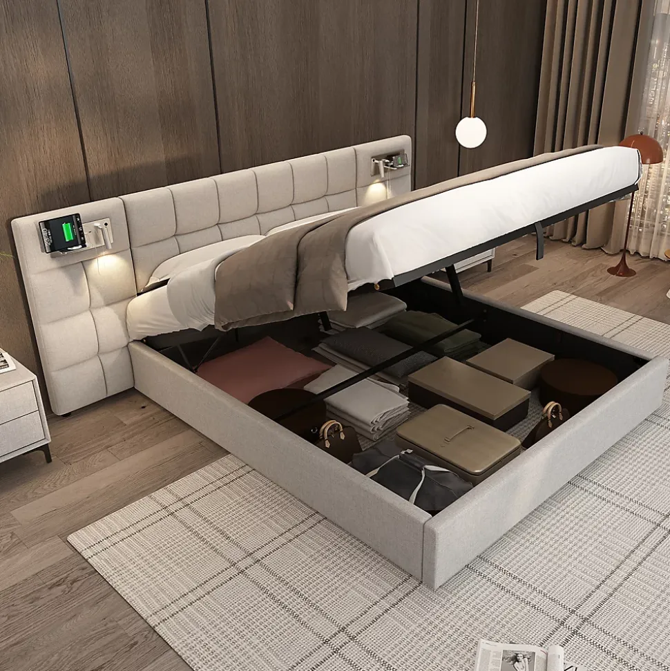 Lit 180x200 cm avec rangement hydraulique, tête rembourrée en lin gris, ports USB et charge sans fil