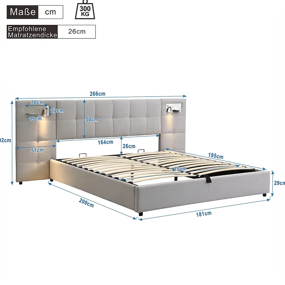 Lit 180x200 cm avec rangement hydraulique, tête rembourrée en lin gris, ports USB et charge sans fil