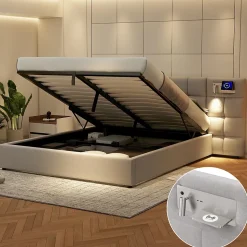 Lit 180x200 cm avec rangement hydraulique, tête rembourrée en lin gris, ports USB et charge sans fil