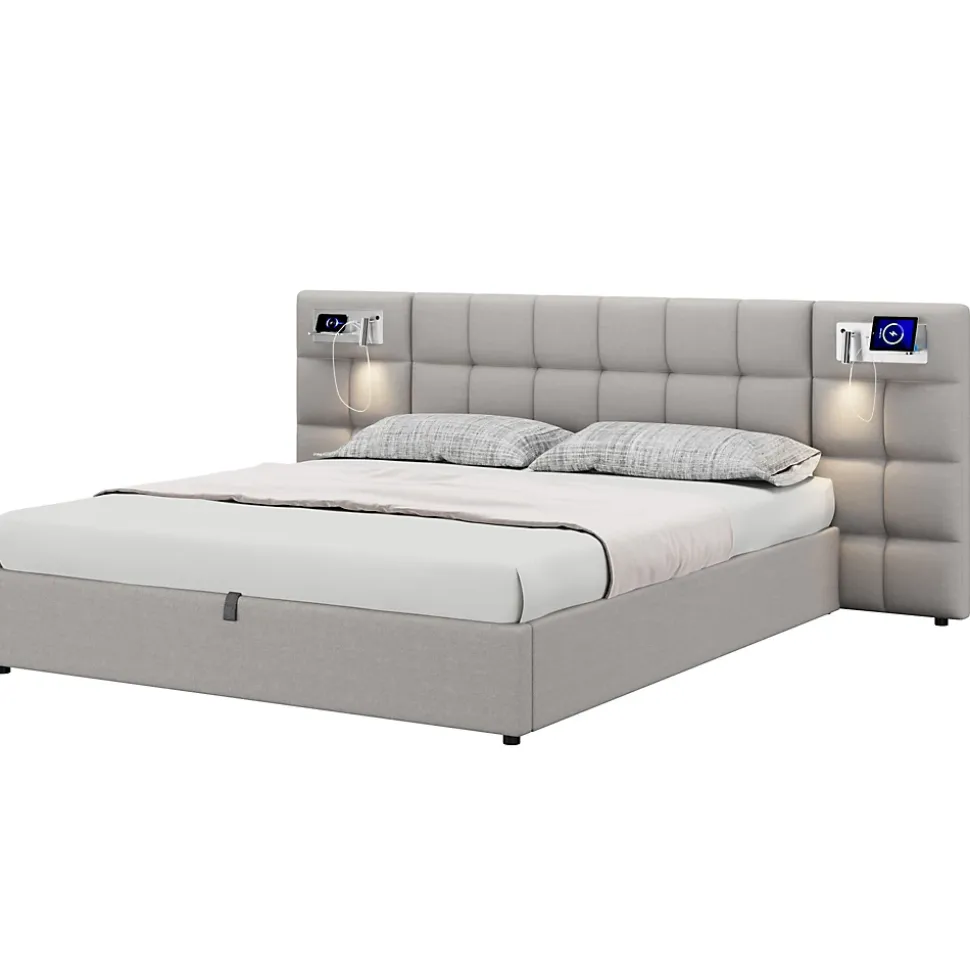 Lit 180x200 cm avec rangement hydraulique, tête rembourrée en lin gris, ports USB et charge sans fil