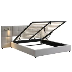 Lit 180x200 cm avec rangement hydraulique, tête rembourrée en lin gris, ports USB et charge sans fil