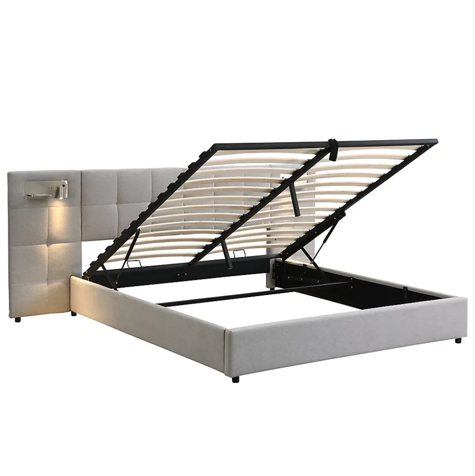 Lit 180x200 cm avec rangement hydraulique, tête rembourrée en lin gris, ports USB et charge sans fil