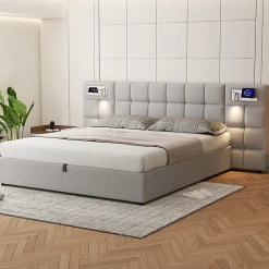 Lit 180x200 cm avec rangement hydraulique, tête rembourrée en lin gris, ports USB et charge sans fil