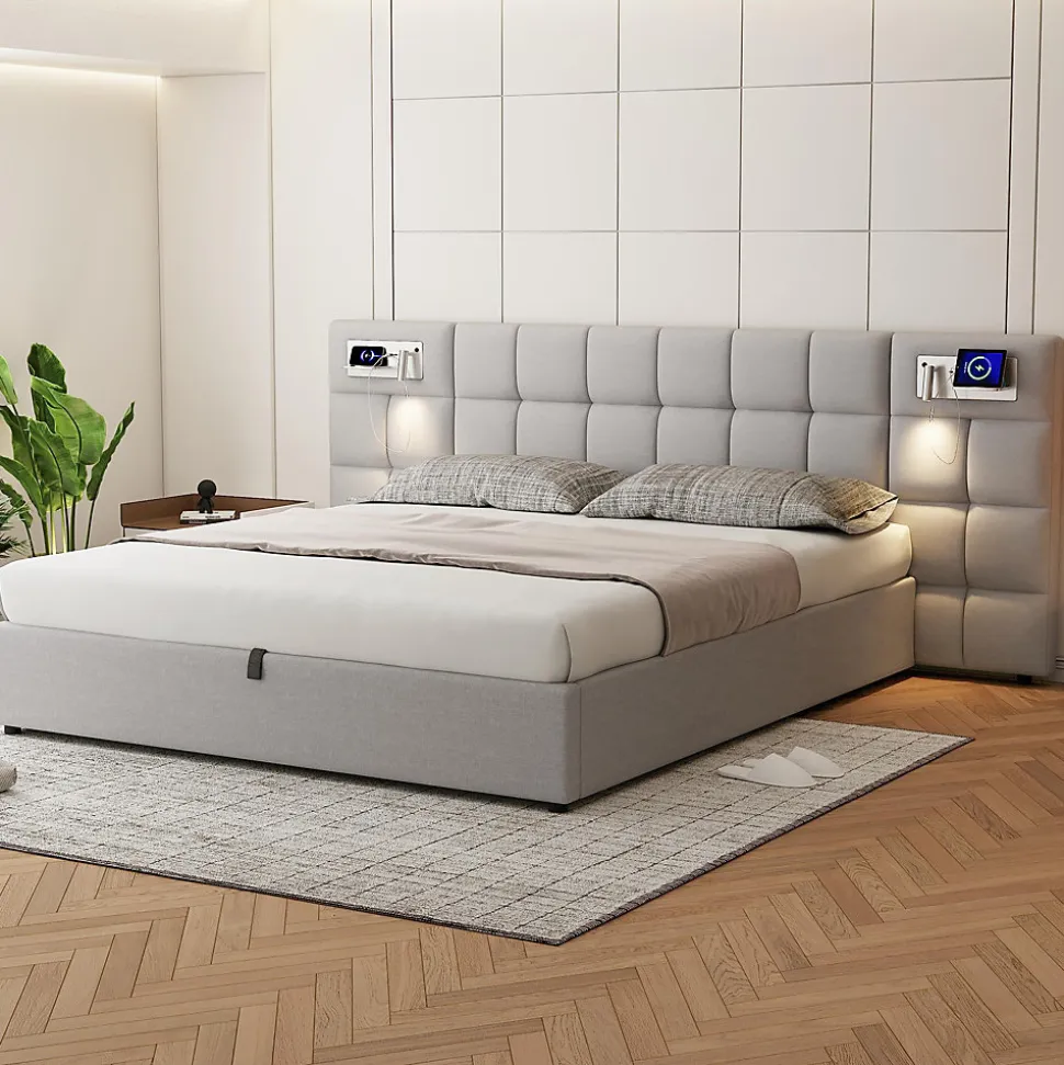 Lit 180x200 cm avec rangement hydraulique, tête rembourrée en lin gris, ports USB et charge sans fil