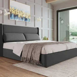 Lit 160x200 cm avec rangement hydraulique et tête de lit réglable, revêtement lin gris et cadre métal