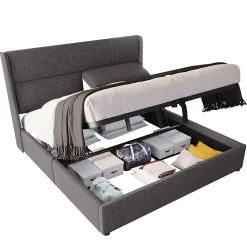 Lit 160x200 cm avec rangement hydraulique et tête de lit réglable, revêtement lin gris et cadre métal