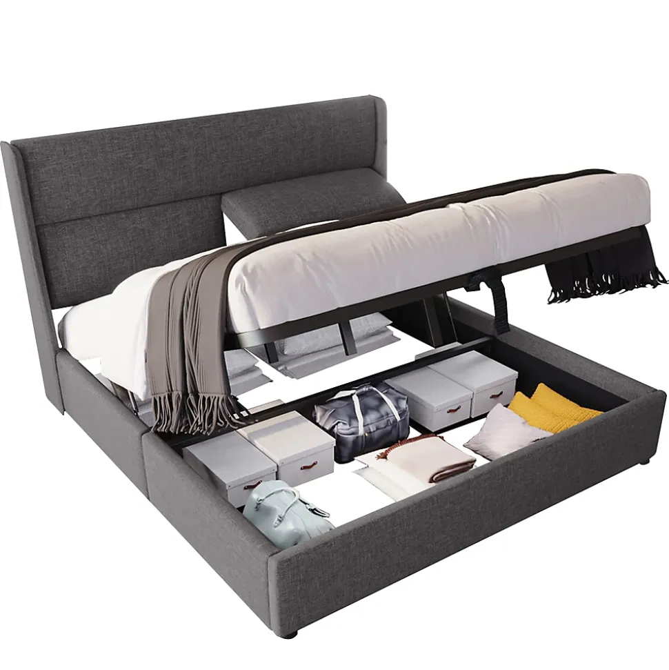 Lit 160x200 cm avec rangement hydraulique et tête de lit réglable, revêtement lin gris et cadre métal