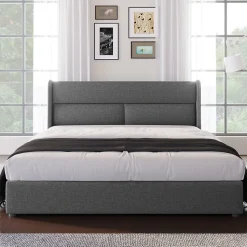 Lit 160x200 cm avec rangement hydraulique et tête de lit réglable, revêtement lin gris et cadre métal