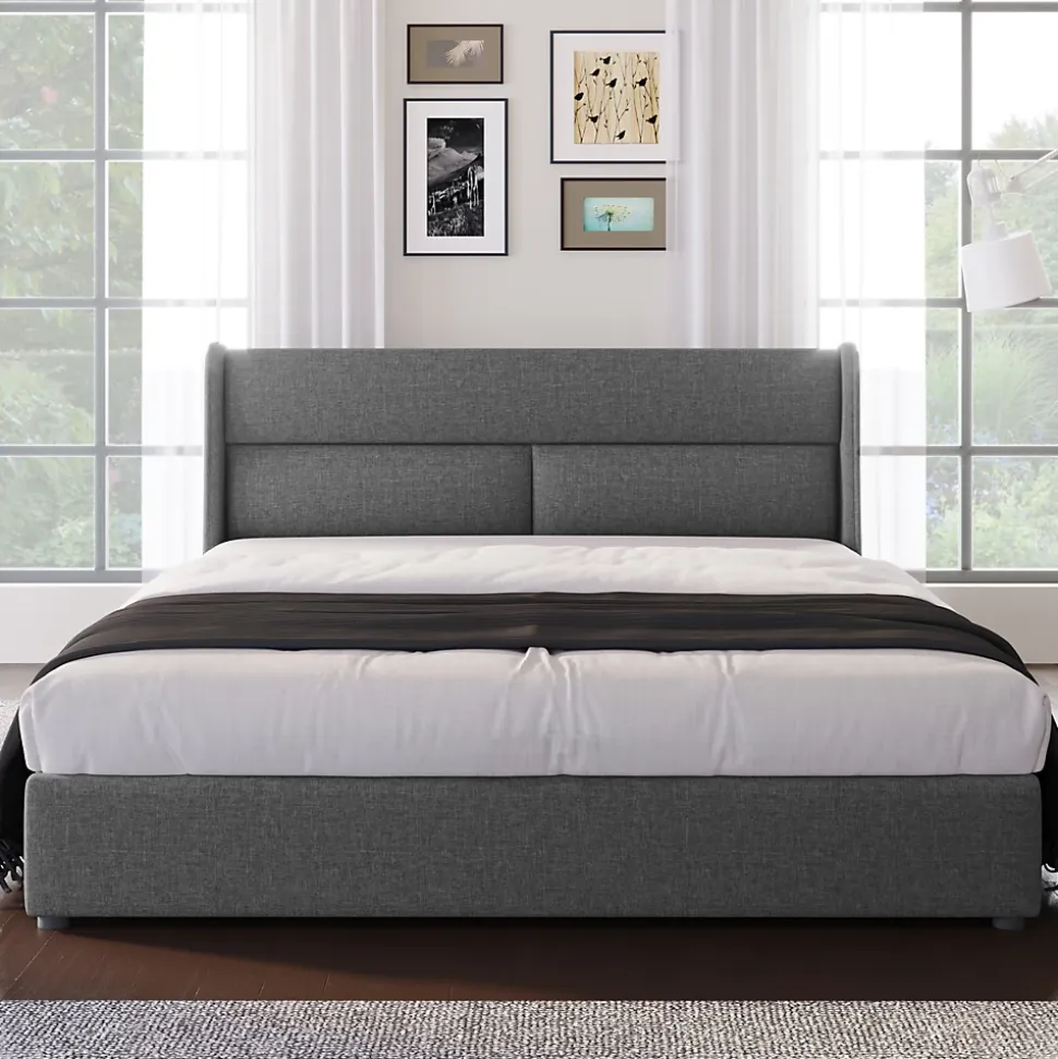 Lit 160x200 cm avec rangement hydraulique et tête de lit réglable, revêtement lin gris et cadre métal