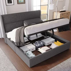 Lit 160x200 cm avec rangement hydraulique et tête de lit réglable, revêtement lin gris et cadre métal