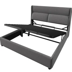 Lit 160x200 cm avec rangement hydraulique et tête de lit réglable, revêtement lin gris et cadre métal