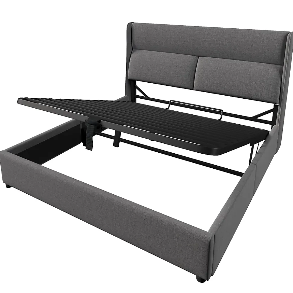 Lit 160x200 cm avec rangement hydraulique et tête de lit réglable, revêtement lin gris et cadre métal