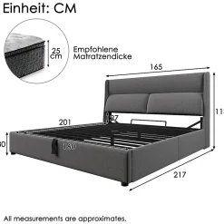 Lit 160x200 cm avec rangement hydraulique et tête de lit réglable, revêtement lin gris et cadre métal