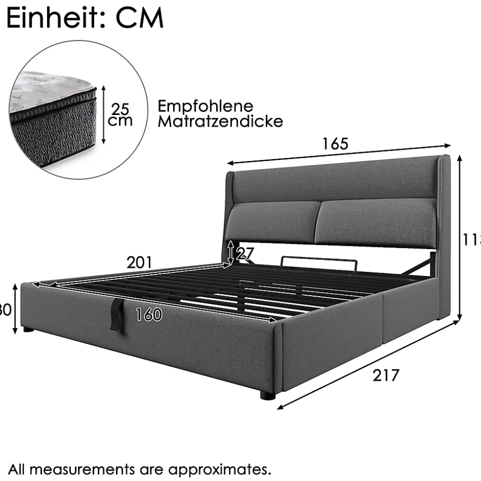 Lit 160x200 cm avec rangement hydraulique et tête de lit réglable, revêtement lin gris et cadre métal