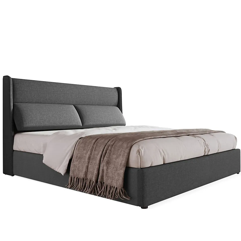 Lit 160x200 cm avec rangement hydraulique et tête de lit réglable, revêtement lin gris et cadre métal