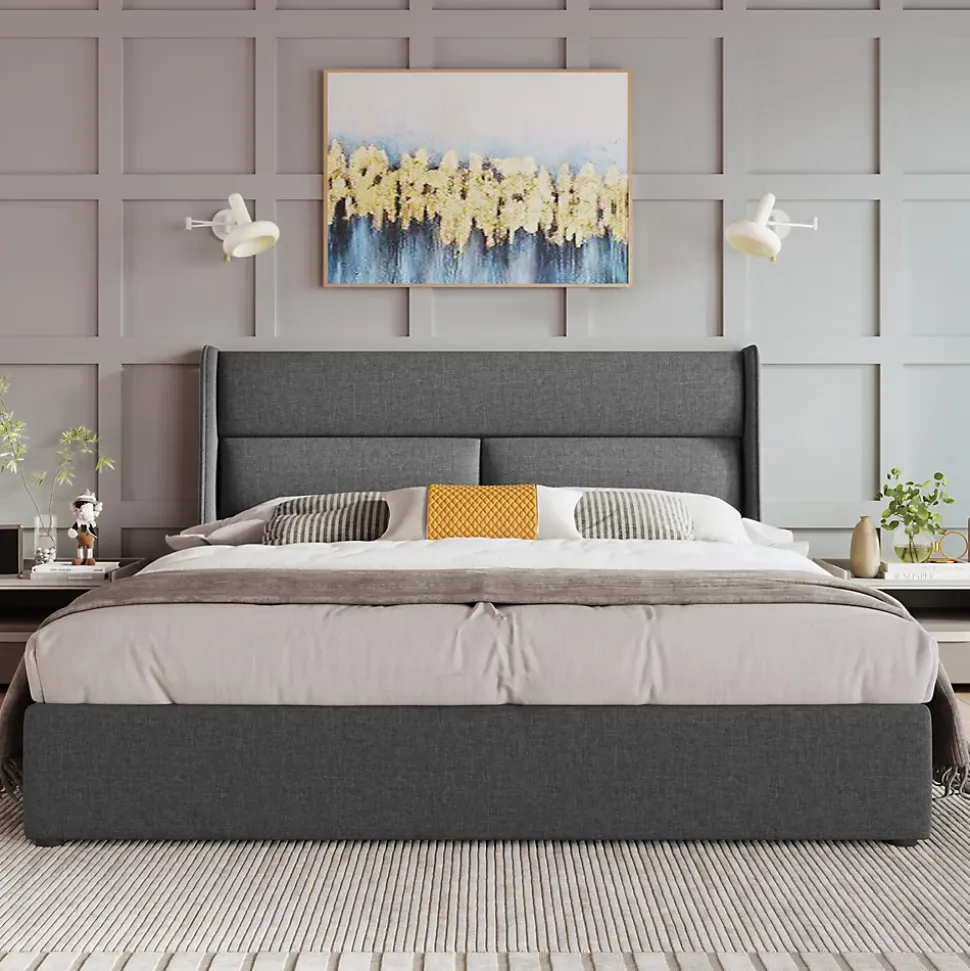 Lit 160x200 cm avec rangement hydraulique et tête de lit réglable, revêtement lin gris et cadre métal