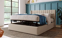 Lit 140x200 cm avec rangement hydraulique et tête de lit rembourrée en lin beige, design moderne et élégant