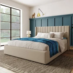 Lit 140x200 cm avec rangement hydraulique et tête de lit rembourrée en lin beige, design moderne et élégant