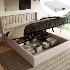 Lit 140x200 cm avec rangement hydraulique et tête de lit rembourrée en lin beige, design moderne et élégant