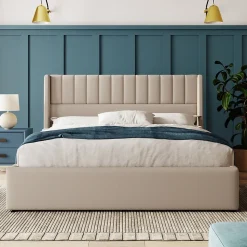 Lit 140x200 cm avec rangement hydraulique et tête de lit rembourrée en lin beige, design moderne et élégant