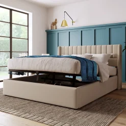 Lit 160x200 cm avec rangement hydraulique, tête de lit rembourrée en lin beige et cadre métal robuste