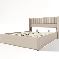 Lit 160x200 cm avec rangement hydraulique, tête de lit rembourrée en lin beige et cadre métal robuste