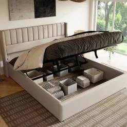 Lit 160x200 cm avec rangement hydraulique, tête de lit rembourrée en lin beige et cadre métal robuste